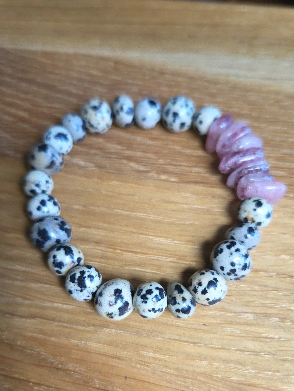 Dalmatian Jasper & Strawberry Quartz Beaded Stretch Bracelet | Handmade